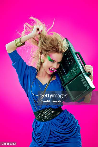 disco girl with boombox - 1980 dance stock pictures, royalty-free photos & images