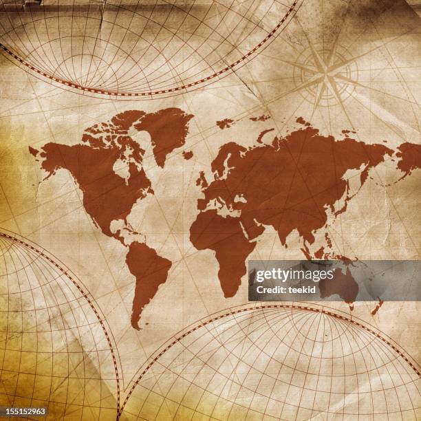 ancient world map - drawing compass stock pictures, royalty-free photos & images