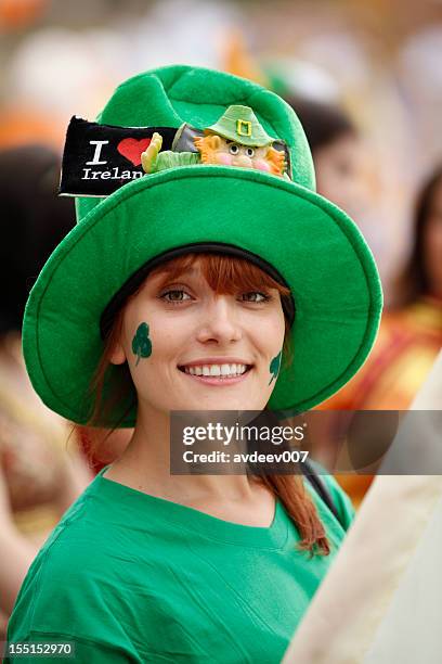 happy woman portrait (saint patrick's day) - irish day stock pictures, royalty-free photos & images
