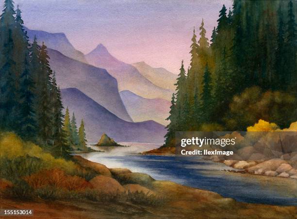 mountain stream - painted rocks stock illustrations