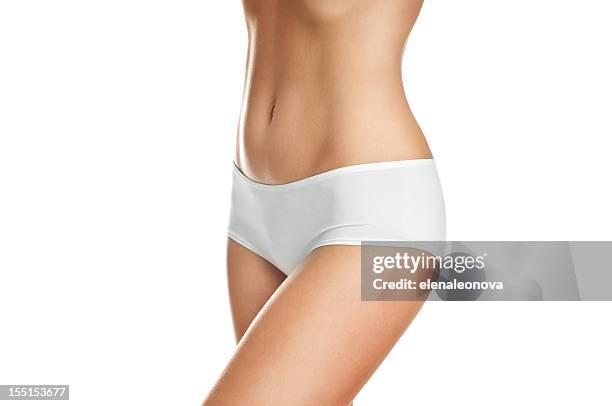 female body wearing white underwear on white background - female derriere stockfoto's en -beelden