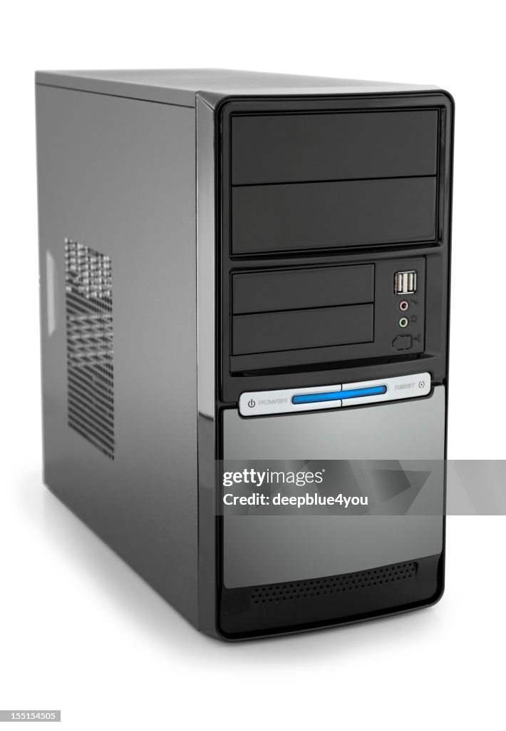 New modern black pc tower with copyspace isolated on white