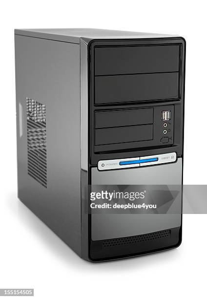 new modern black pc tower with copyspace isolated on white - tower stock pictures, royalty-free photos & images