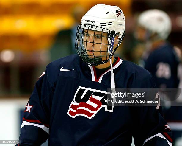 Nic Kerdiles of the United States U-18 team warms up before a game with the University of Minnesota October 26, 2012 at Mariucci Arena in...