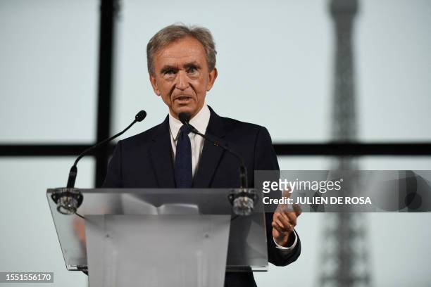 World's top luxury group LVMH head Bernard Arnault delivers a speech during a meeting after LVMH was named as final premium sponsor of 2024 Paris...