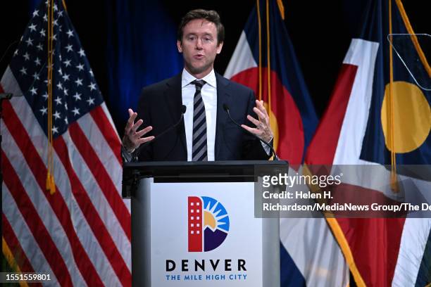 Newly elected Denver Mayor Michael Johnston gives his inaugural address after being sworn into offive during his inaugurartion ceremony at the Ellie...