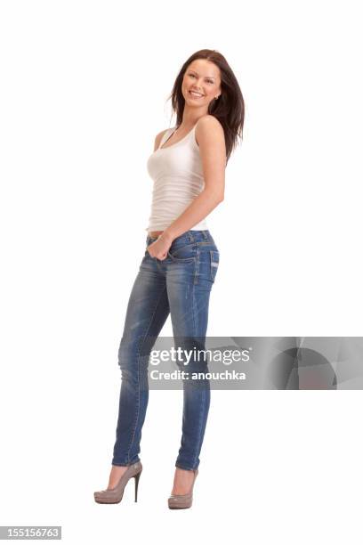 pretty young woman on white background - slank stockfoto's en -beelden