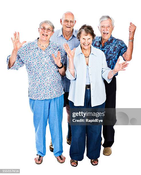 vier voller länge glücklich senior anfeuern und wave - old lady cheering stock-fotos und bilder