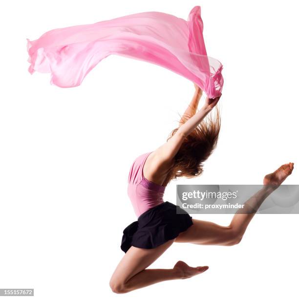 dancer jump on white background with pink fabric - 女子体操 個照片及圖片檔