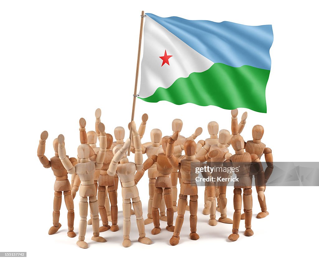 Djibouti - wooden mannequin group with flag