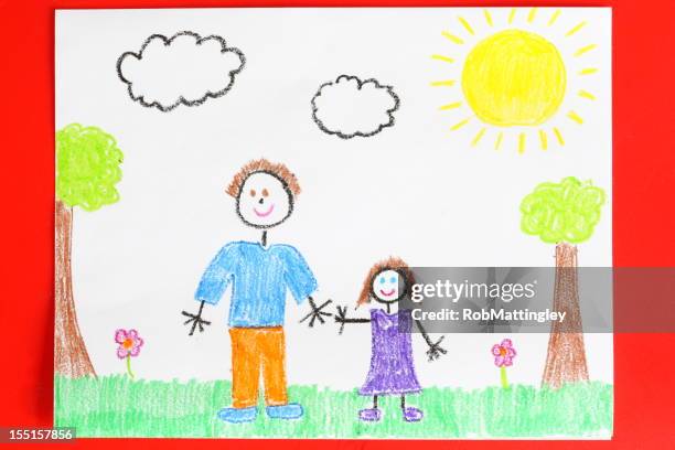 childs drawing of a father and daughter holding hands - kid holding crayons stock pictures, royalty-free photos & images