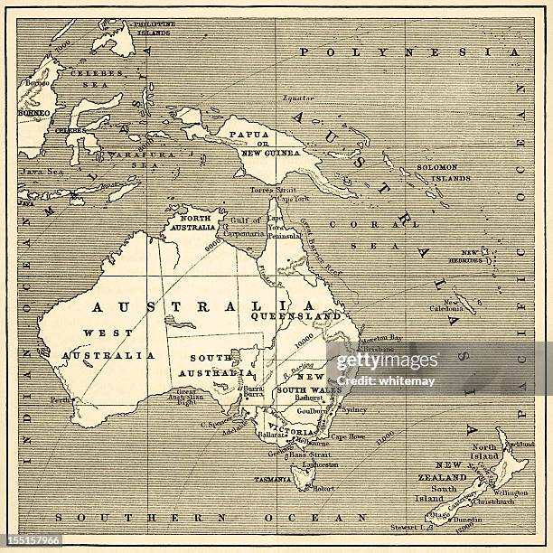 map of australasia (1882 engraving) - solomon islands stock illustrations