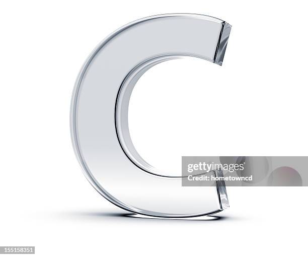 polished silver alphabet c on white background - 3d glass stock pictures, royalty-free photos & images