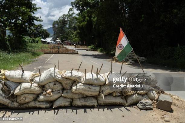 Barricade made by Kuki community people on road, in Churachandpur, India on July 23, 2023. The Meitei-Kuki conflict is an ongoing ethnic conflict in...