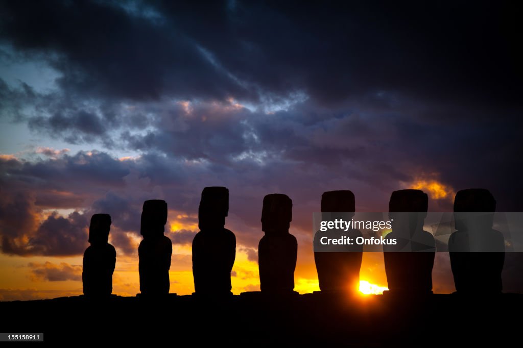 Ahu Tongariki Moais at Sunrise on Easter Island, Chile