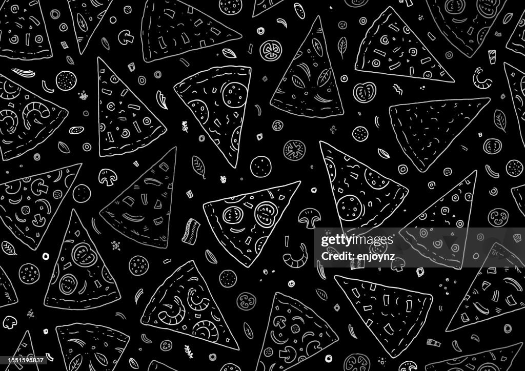 Seamless pizza sketch on black background