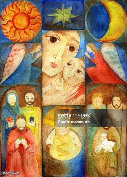 christmas nativity collage - virgin mary baby jesus stock illustrations