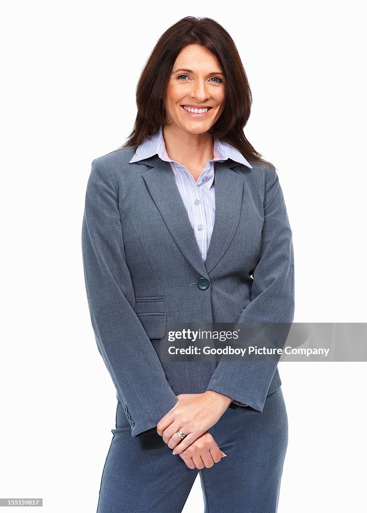 Cute business woman standing isolated