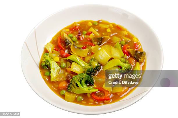 vegetable curry in bowl isolated on white - vegetable curry stock pictures, royalty-free photos & images