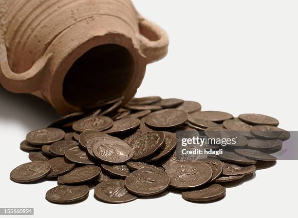 a pot and ancient coins from antioch museum - ancient civilisation roman stock pictures, royalty-free photos & images