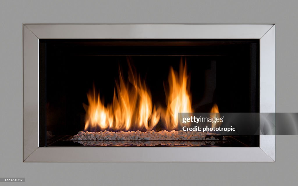 Modern fireplace set in a wall