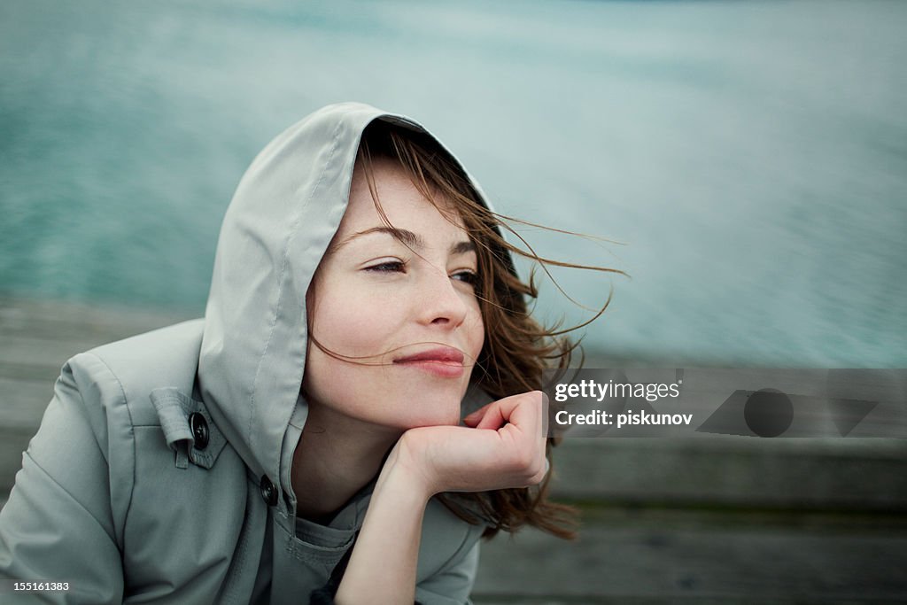 Woman portrait, windy Wellington