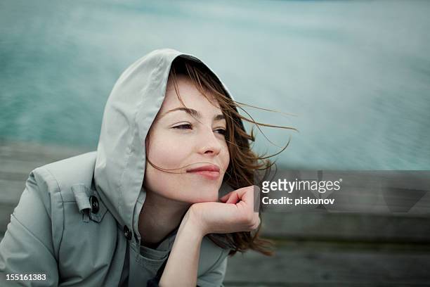 woman portrait, windy wellington - contemplation outside bildbanksfoton och bilder