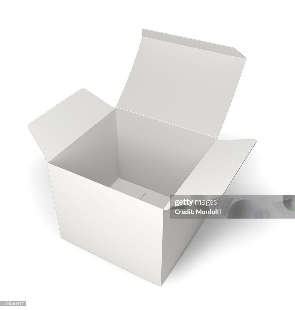 Opened empty blank box isolated on white