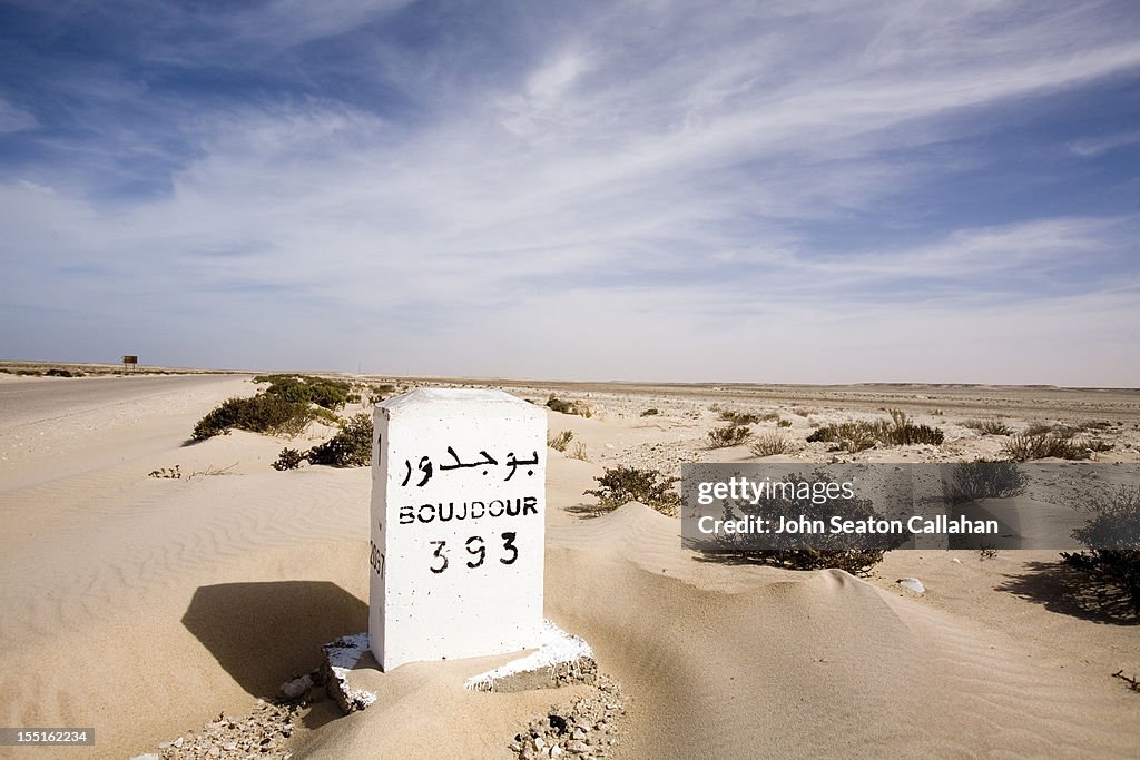 Western Sahara, kilometer marker, Sahara Desert.