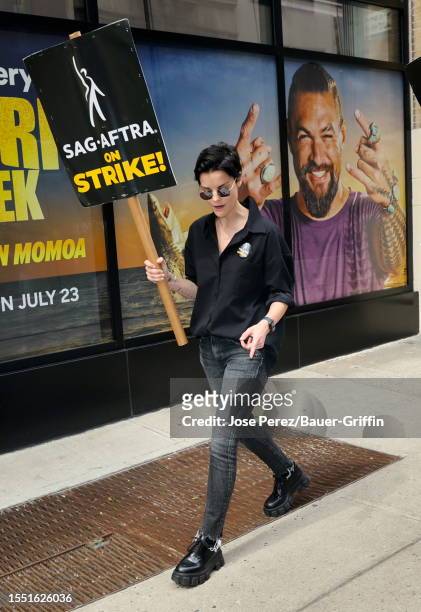 Jaimie Alexander is seen at the SAG-AFTRA picket line in Downtown, Manhattan. On July 24, 2023 in New York City.