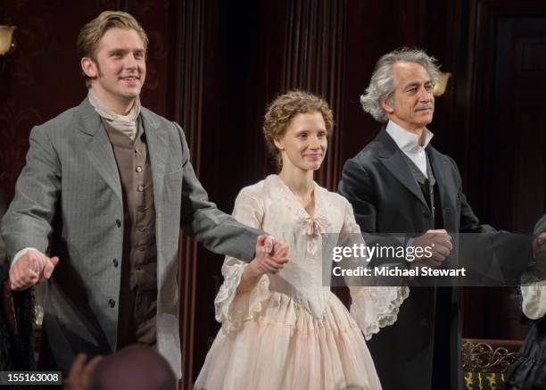 Actors Dan Stevens, Jessica Chastain and David Straithairn attend the Broadway revival opening night of "The Heiress" at the Walter Kerr Theatre on...