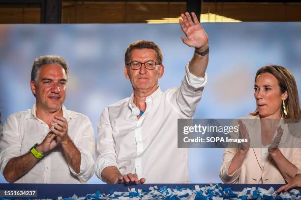 Alberto Nuñez Feijoo, candidate for the presidency for the Popular Party, addresses his supporters from the balcony of his party's headquarters....