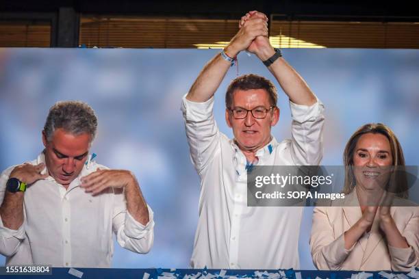 Alberto Nuñez Feijoo, candidate for the presidency for the Popular Party, addresses his supporters from the balcony of his party's headquarters....