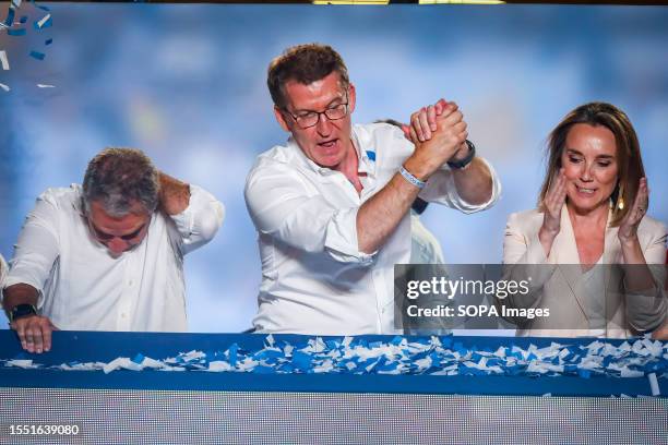 Alberto Nuñez Feijoo, candidate for the presidency for the Popular Party, addresses his supporters from the balcony of his party's headquarters....