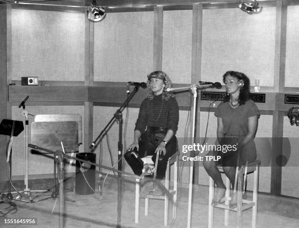 Swedish singers Agnetha Fältskog and Anni-Frid Lyngstad, of the Swedish supergroup ABBA, record at Polar Studios in Stockholm, Sweden, May 1981.