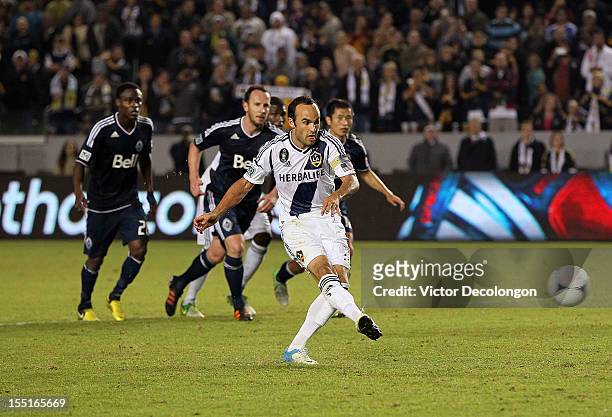 Landon Donovan of the Los Angeles Galaxy converts the penalty kick for a goal in the second half against the Vancouver Whitecaps during the MLS...