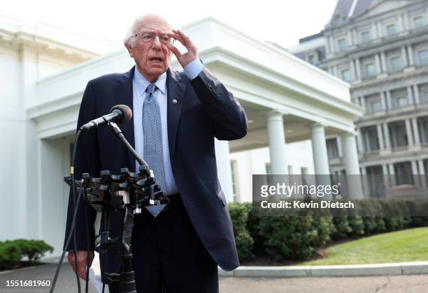 Sen. Bernie Sanders speaks to the media outside of the White House on July 17, 2023 in Washington, DC. Sanders earlier met with President Joe Biden...