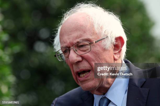 Sen. Bernie Sanders speaks to the media outside of the White House on July 17, 2023 in Washington, DC. Sanders earlier met with President Joe Biden...