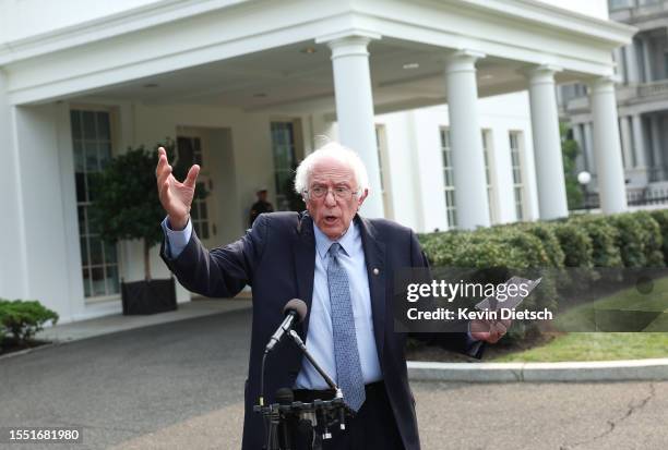 Sen. Bernie Sanders speaks to the media outside of the White House on July 17, 2023 in Washington, DC. Sanders earlier met with President Joe Biden...