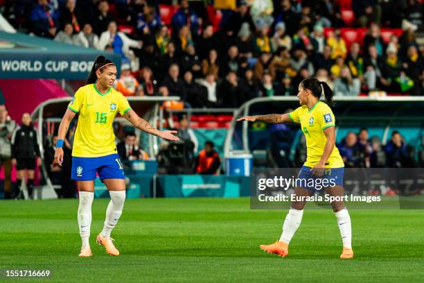 Debora De Oliveira high five her teammate Beatriz Zaneratto of Brazil during the FIFA Women's World Cup Australia & New Zealand 2023 Group F match...