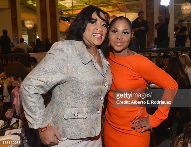 Actress Jackee Harry and singer Toni Braxton arrive to the Lupus LA 10th Anniversary Hollywood Bag Ladies Luncheon at Regent Beverly Wilshire Hotel...