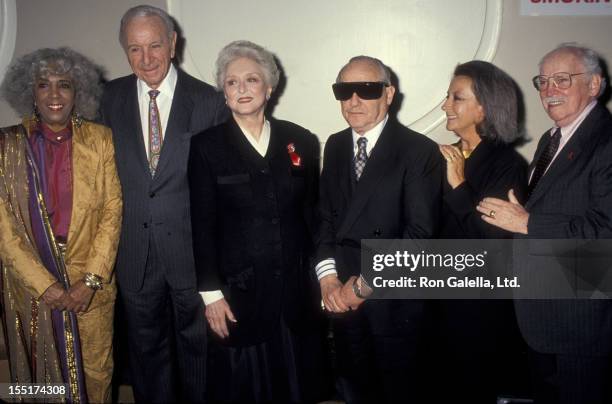 Ellen Stewart, Burton Lane, Celeste Holm, James Nederlander, Zoe Caldwell and Barnard Hughes attend 21st Anniversary Gala for Theater Hall Of Fame on...