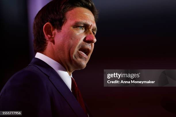 Republican presidential candidate Florida Governor Ron DeSantis delivers remarks at the 2023 Christians United for Israel summit on July 17, 2023 in...