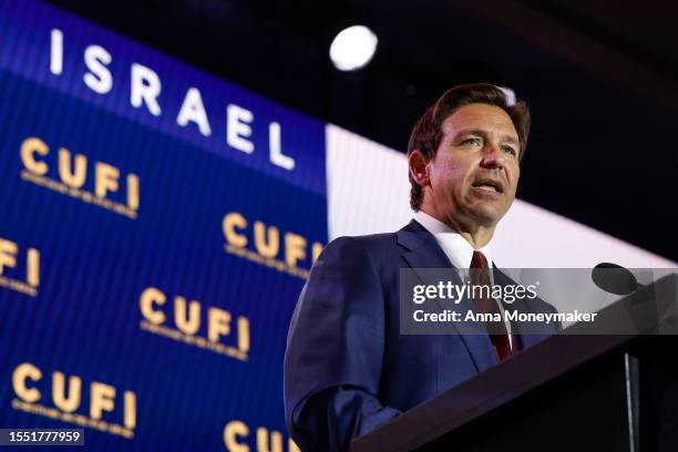 Republican presidential candidate Florida Governor Ron DeSantis delivers remarks at the 2023 Christians United for Israel summit on July 17, 2023 in...