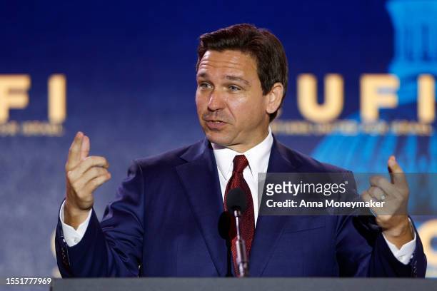 Republican presidential candidate Florida Governor Ron DeSantis delivers remarks at the 2023 Christians United for Israel summit on July 17, 2023 in...