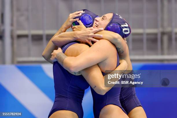 Emotions by Dafne Bettini of Italy, Claudia Marletta of Italy, Chiara Tabani of Italy during the World Aquatics Championships 2023 Women's match...