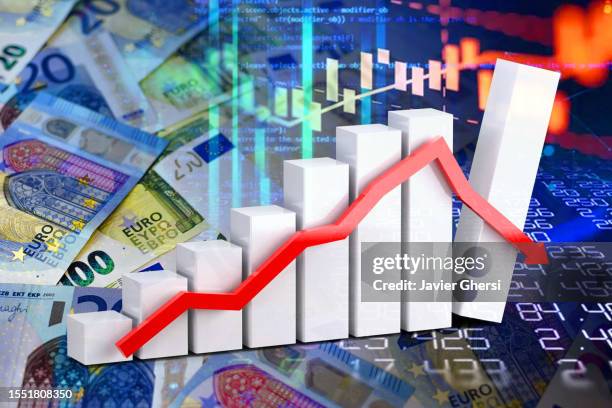 economy graph: down arrow, cash euro banknotes and stock market indicators - börse von paris stock-fotos und bilder