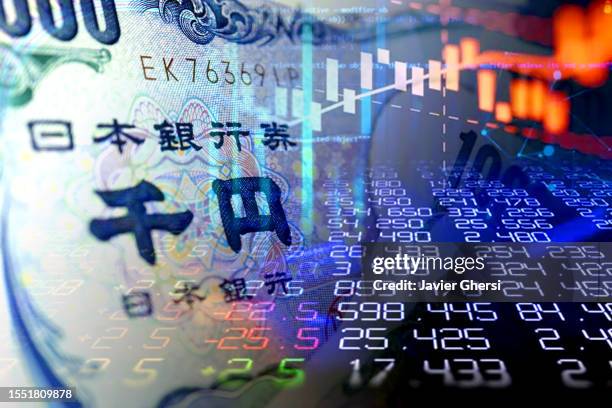 cash yen banknotes and stock market indicators - yen sign stock pictures, royalty-free photos & images