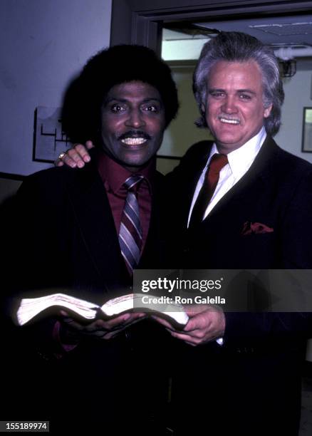 Musician Little Richard and Wayne Cochran attend the taping of "The Tom Snyder Show" on July 28, 1981 at NBC Studios in Rockefeller Plaza in New York...