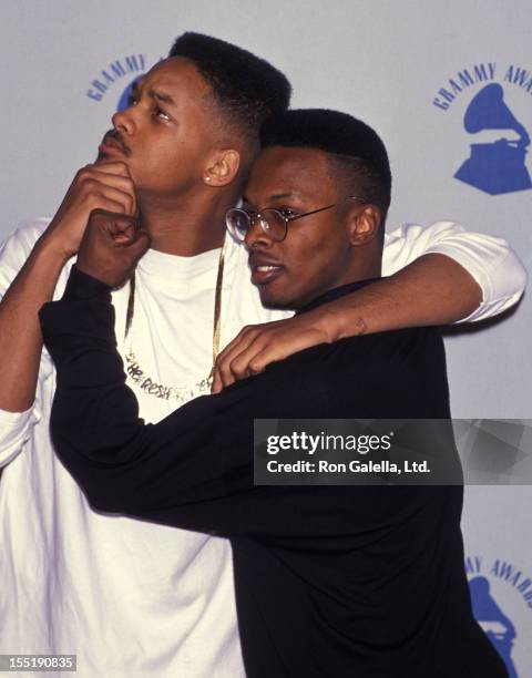 Rapper Will Smith and hip hop artist DJ Jazzy Jeff attend the 32nd Annual Grammy Awards on February 21, 1990 at the Shrine Auditorium in Los Angeles,...